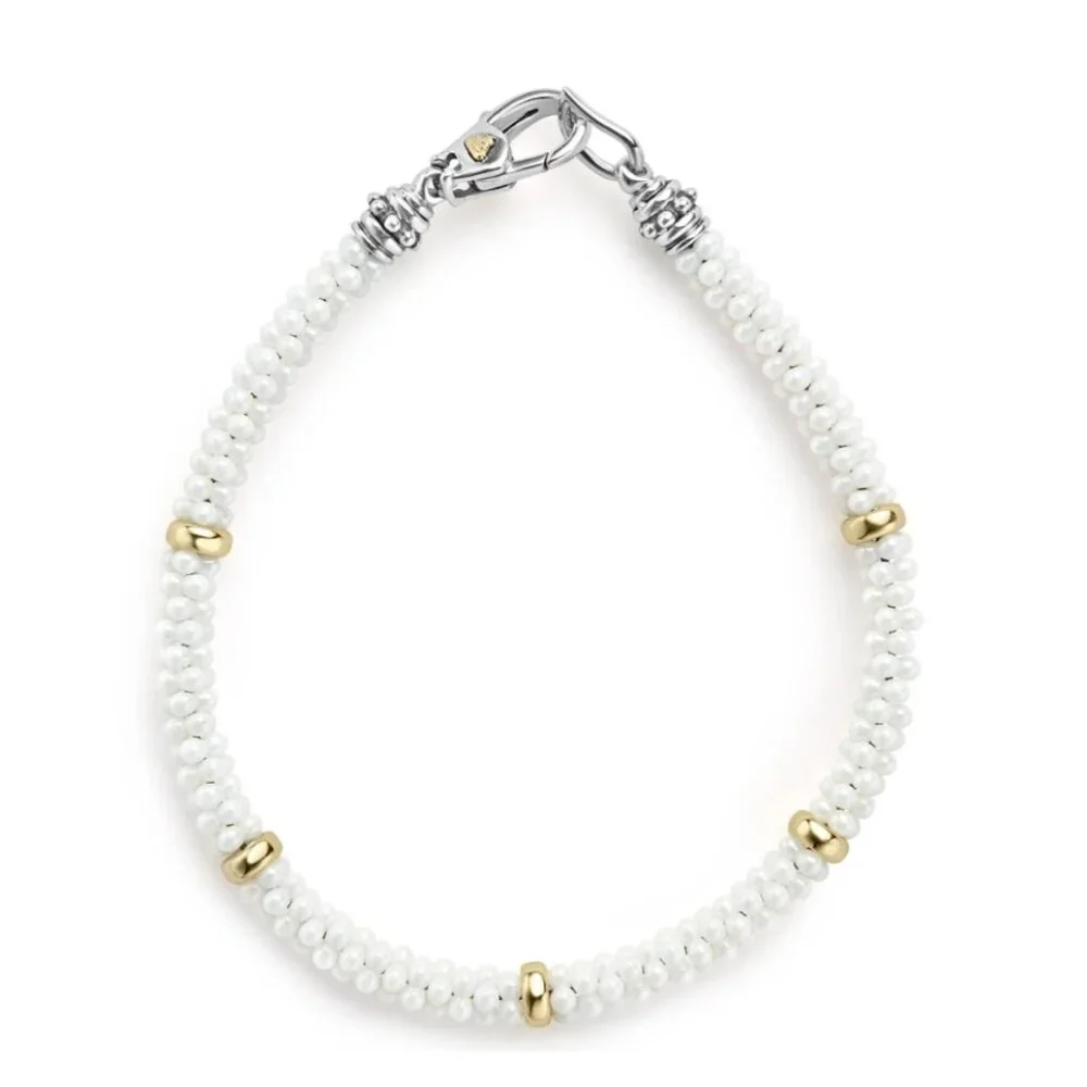 White Caviar Five Gold Station Ceramic Bracelet | 5mm from Lagos Size M(7) - Picture 1 of 11